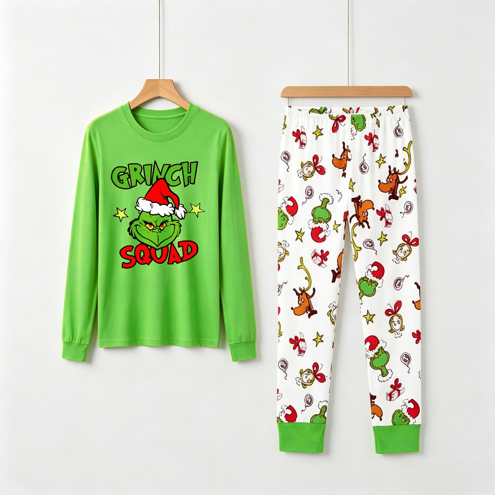 Grinch Squad Family Christmas Matching Pajamas Set with Santa Hat Graphic and Print Pants
