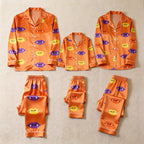 Orange Vampire Lips & Fangs Print Satin Button-Up Family Halloween Pajamas Set