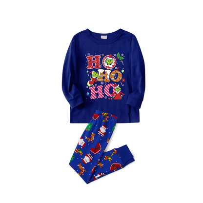 Cozy Blue Christmas Pajamas Set With Grinch and "HO HO HO" Text Print