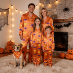 Orange Vampire Lips & Fangs Print Satin Button-Up Family Halloween Pajamas Set