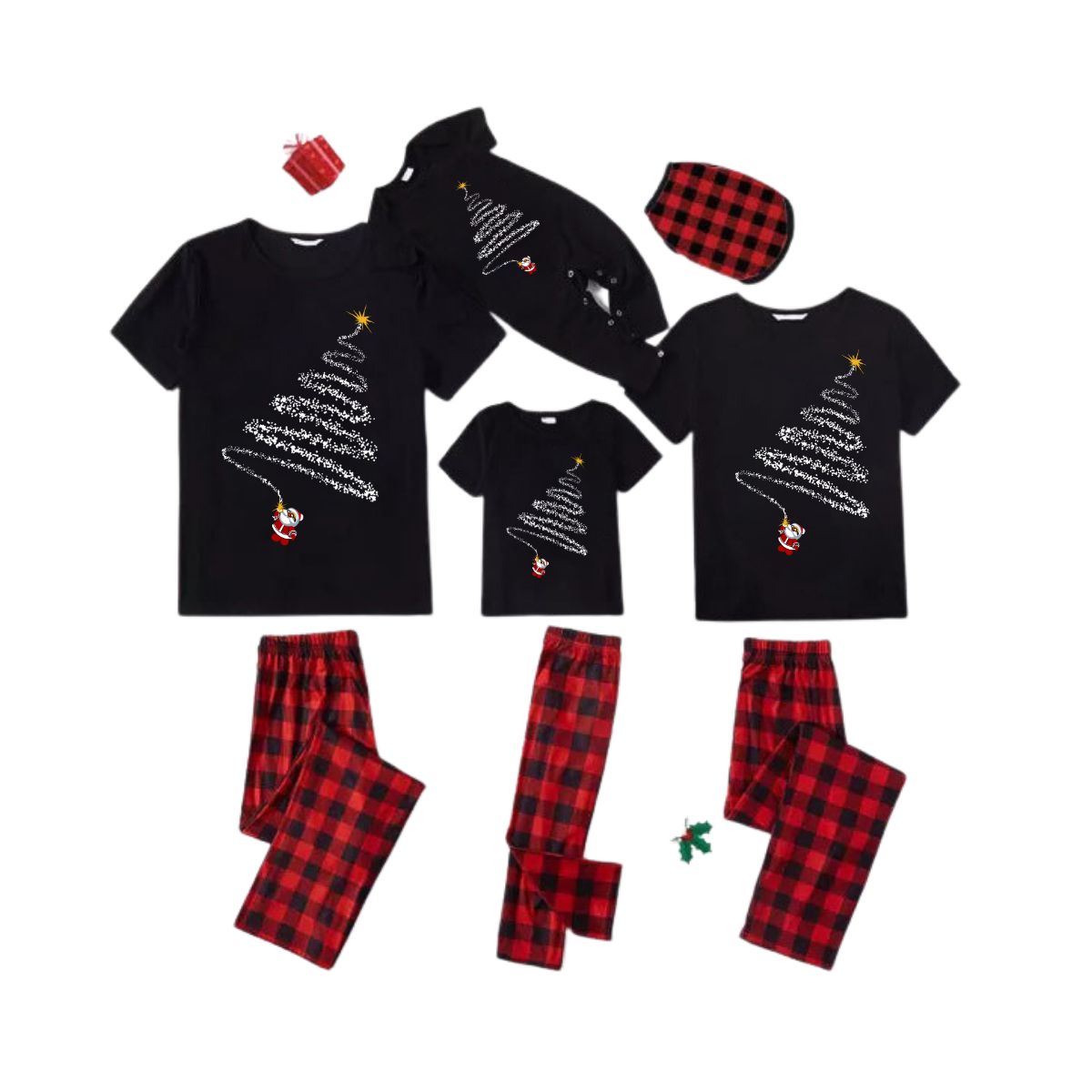 Christmas Tree Lights Family Pajamas Set - Black Top Red Pants Red Plaid Sleeves White Spiral Tree with Star and Santa Print
