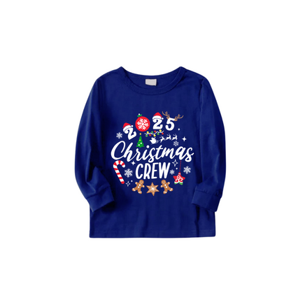 Christmas Crew 2025 Family Pajamas Set - Blue Top, Blue Pants, Blue Christmas Cartoon Sleeves, Gingerbread Candy Print