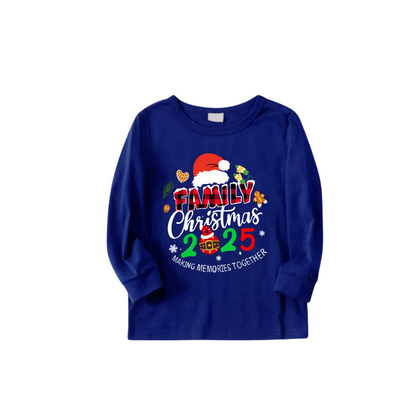 Merry Christmas 2025 Making Memories Family Pajamas Set - Blue Top, Blue Pants, Christmas Cartoon Sleeves, Santa & Gingerbread Print