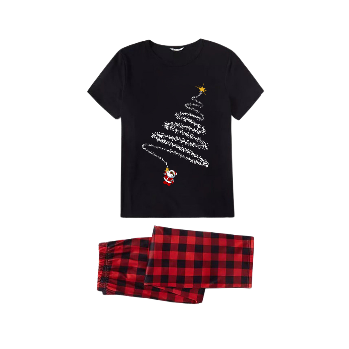 Christmas Tree Lights Family Pajamas Set - Black Top Red Pants Red Plaid Sleeves White Spiral Tree with Star and Santa Print