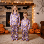 Purple Eyeball Print Satin Button-Up Family Halloween Pajamas Set
