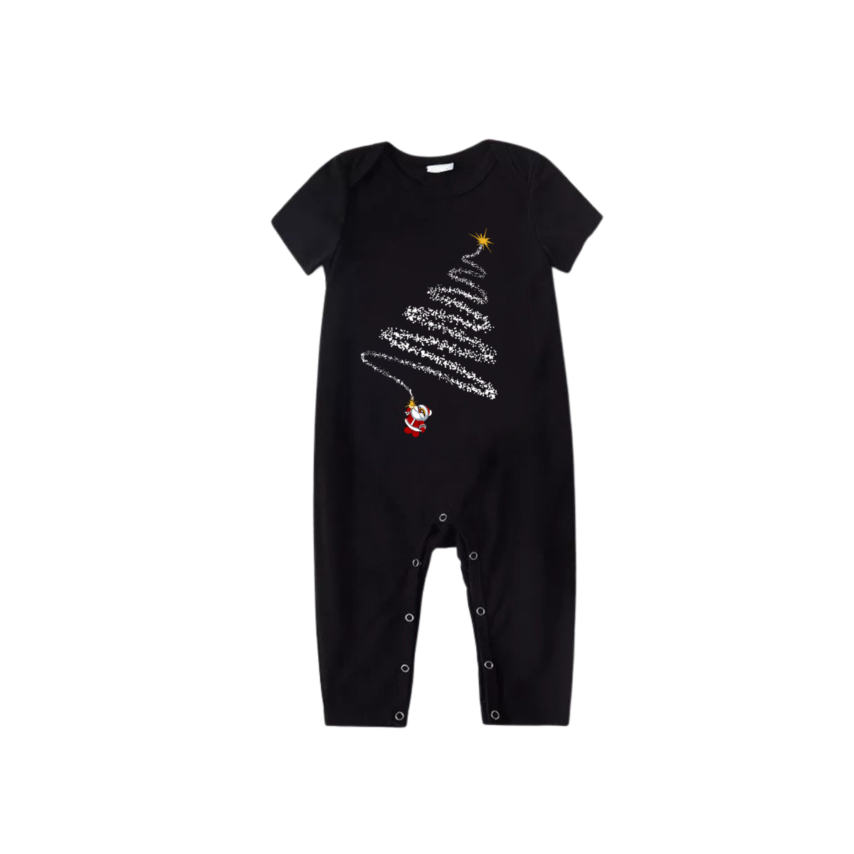 Christmas Tree Lights Family Pajamas Set - Black Top Red Pants Red Plaid Sleeves White Spiral Tree with Star and Santa Print