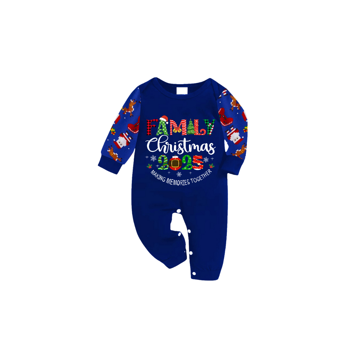 Family Christmas 2025 Making Memories Family Pajamas Set - Blue Top, Blue Pants, Blue Christmas Cartoon Sleeves