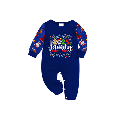 Cozy Blue Christmas Pajamas Set With Christmas Light and "2025 Family Christmas" Text Print