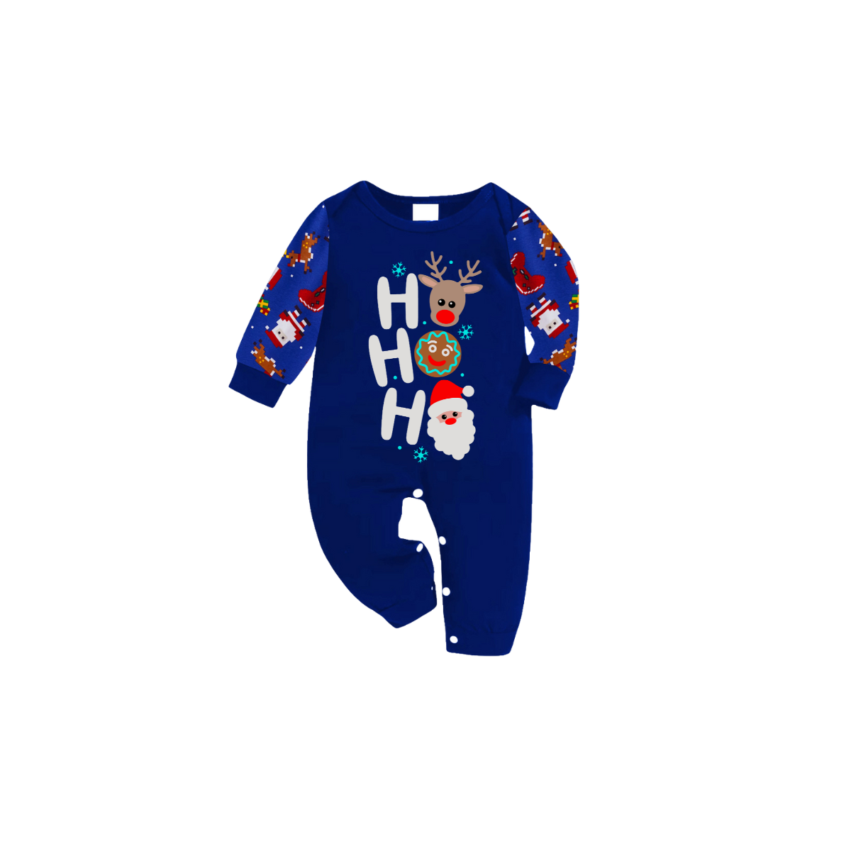 HO HO HO Christmas Pajama Set in Blue with Santa, Reindeer, and Gingerbread