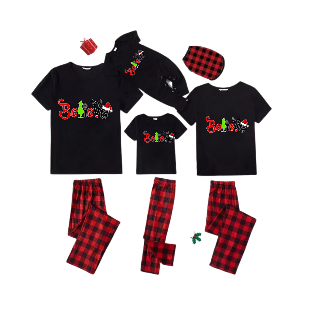 Believe Grinch Santa Family Pajamas Set - Black Top Red Pants Red Plaid Pattern Believe Letter Print