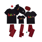 Believe Grinch Santa Family Pajamas Set - Black Top Red Pants Red Plaid Pattern Believe Letter Print