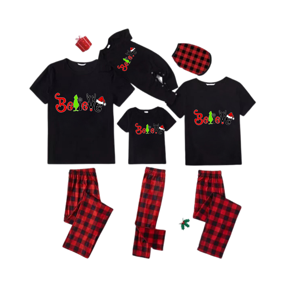 Believe Grinch Santa Family Pajamas Set - Black Top Red Pants Red Plaid Pattern Believe Letter Print