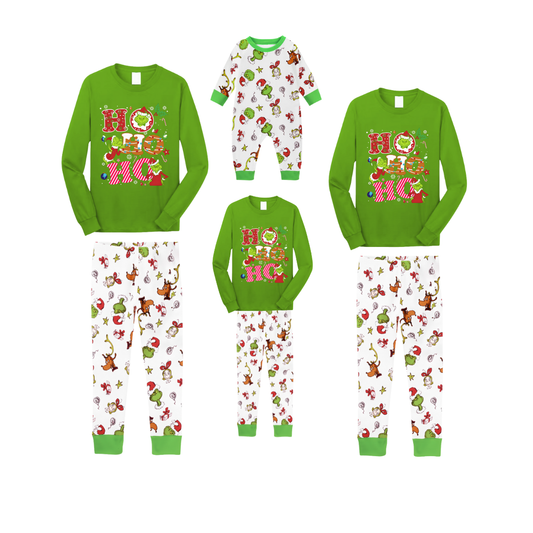 Green Top and Grinch Pants Pajamas Set With Grinch and "HO HO HO" Text Print