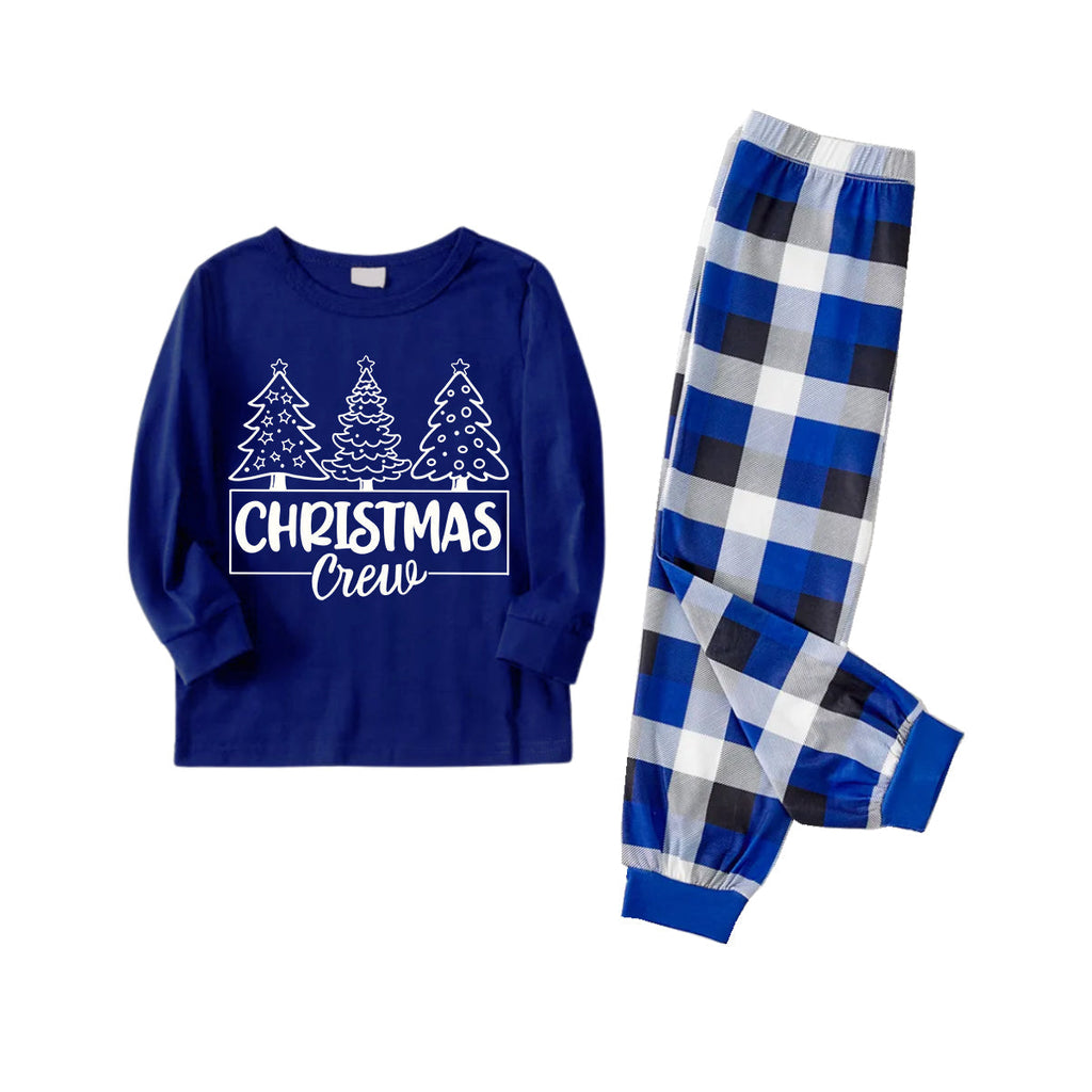 "Christmas Crew" and Trees Blue Long Sleeves with Blue Plaid Couple Matching Pajamas
