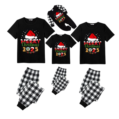 Black and White Plaid Christmas Short Sleeve Pajamas Set With Santa Hat and "Merry Christmas 2025" Text Print