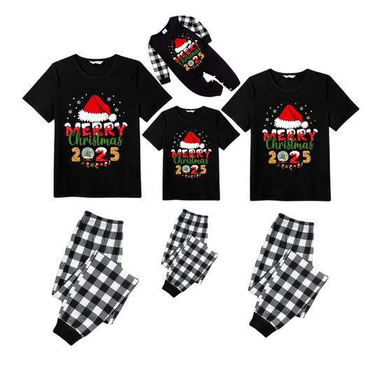 Black and White Plaid Christmas Short Sleeve Pajamas Set With Santa Hat and "Merry Christmas 2025" Text Print