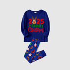 2025 Family Matching Christmas Pajamas -Navy Blue Top & Santa Print Pants