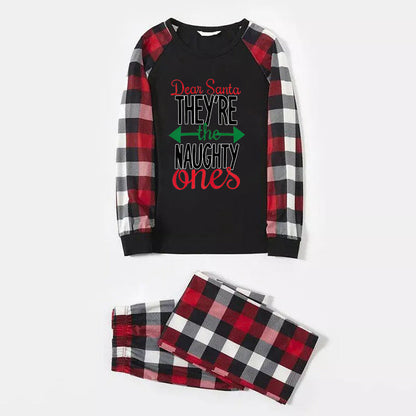 'Dear Santa They Are The Naughty One' Letter Print Casual Long Sleeve Sweatshirts Contrast Tops and Red & Black & White Plaid Pants Family Matching Pajamas Set With Dog Bandana