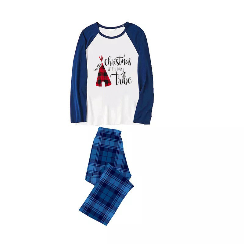 Christmas Matching Family Pajamas Tent Print Blue Plaid Pajamas Set