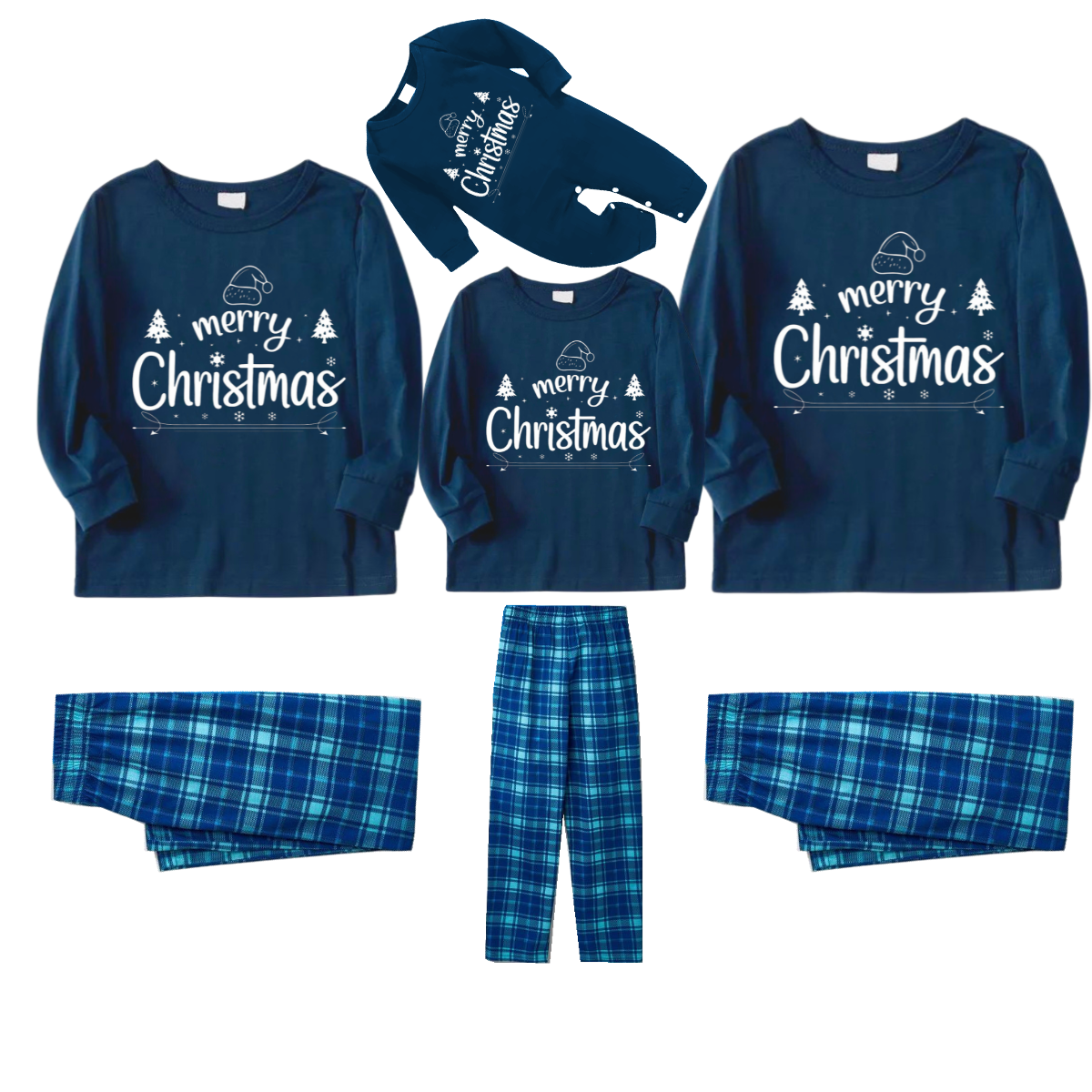 "Merry Christmas" White Letter 2026 Blue Long Sleeve Top With Blue Plaid Family Matching Pajamas
