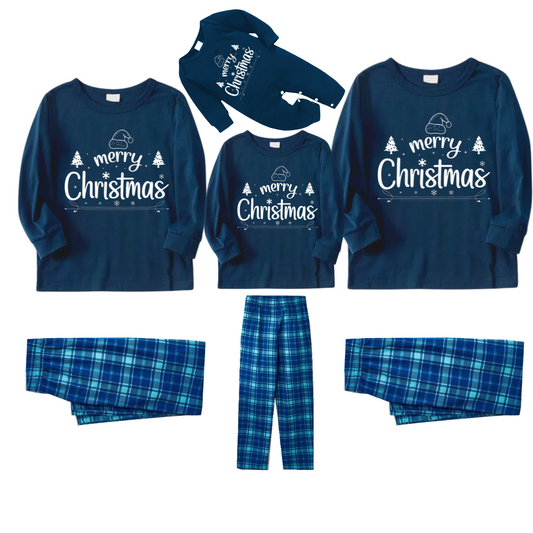 "Merry Christmas" White Letter 2025 Blue Long Sleeve Top With Blue Plaid Family Matching Pajamas