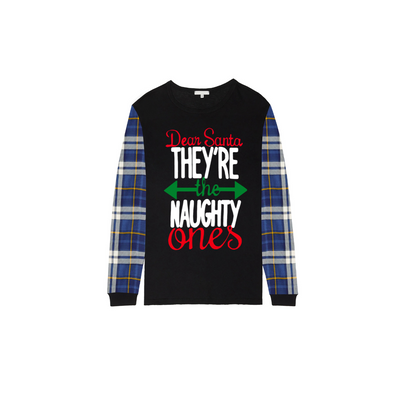 Blue Plaid Raglan Sleeve Black Top with Dear Santa They Are the Naughty Ones Printed Plaid Pants Family Matching Christmas Pajamas Sets