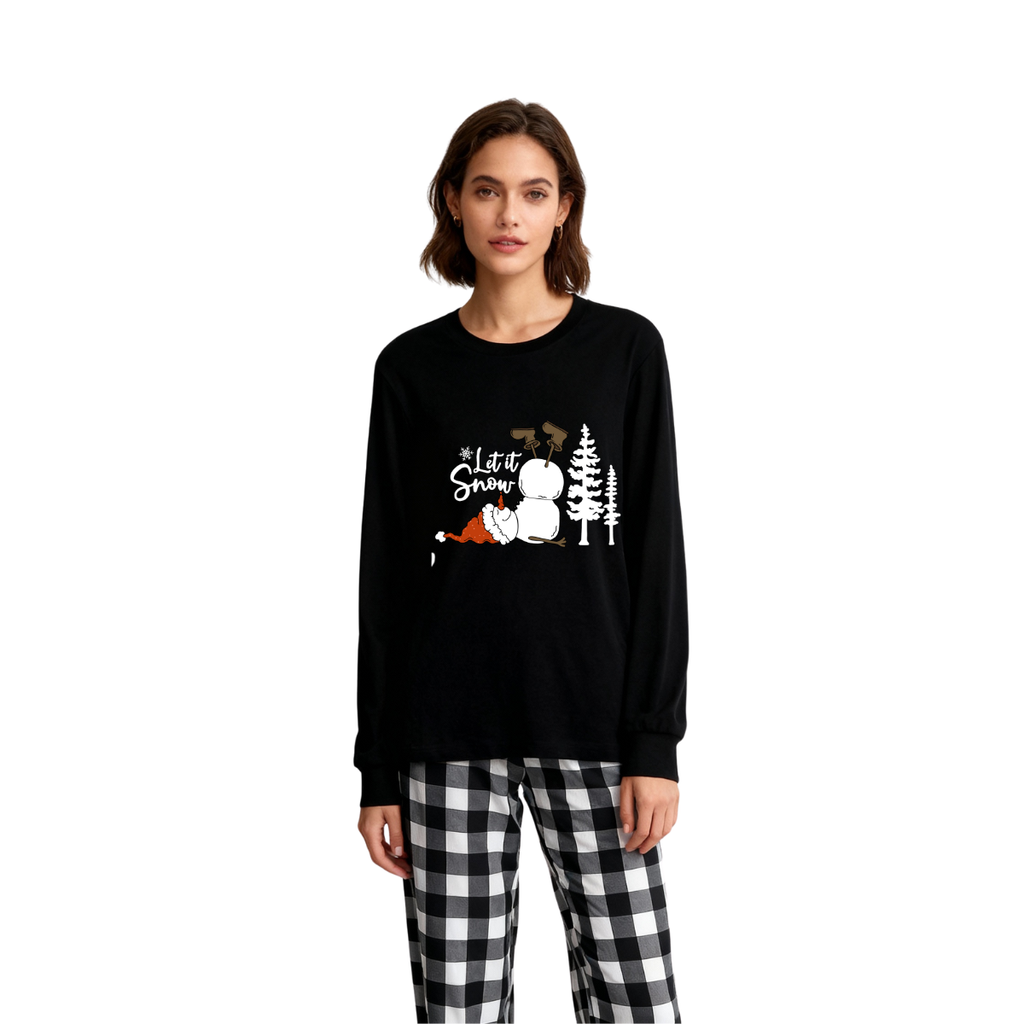 "Let it Snow" Text and Snowman Prints Black and White Plaid Family Matching Pajamas