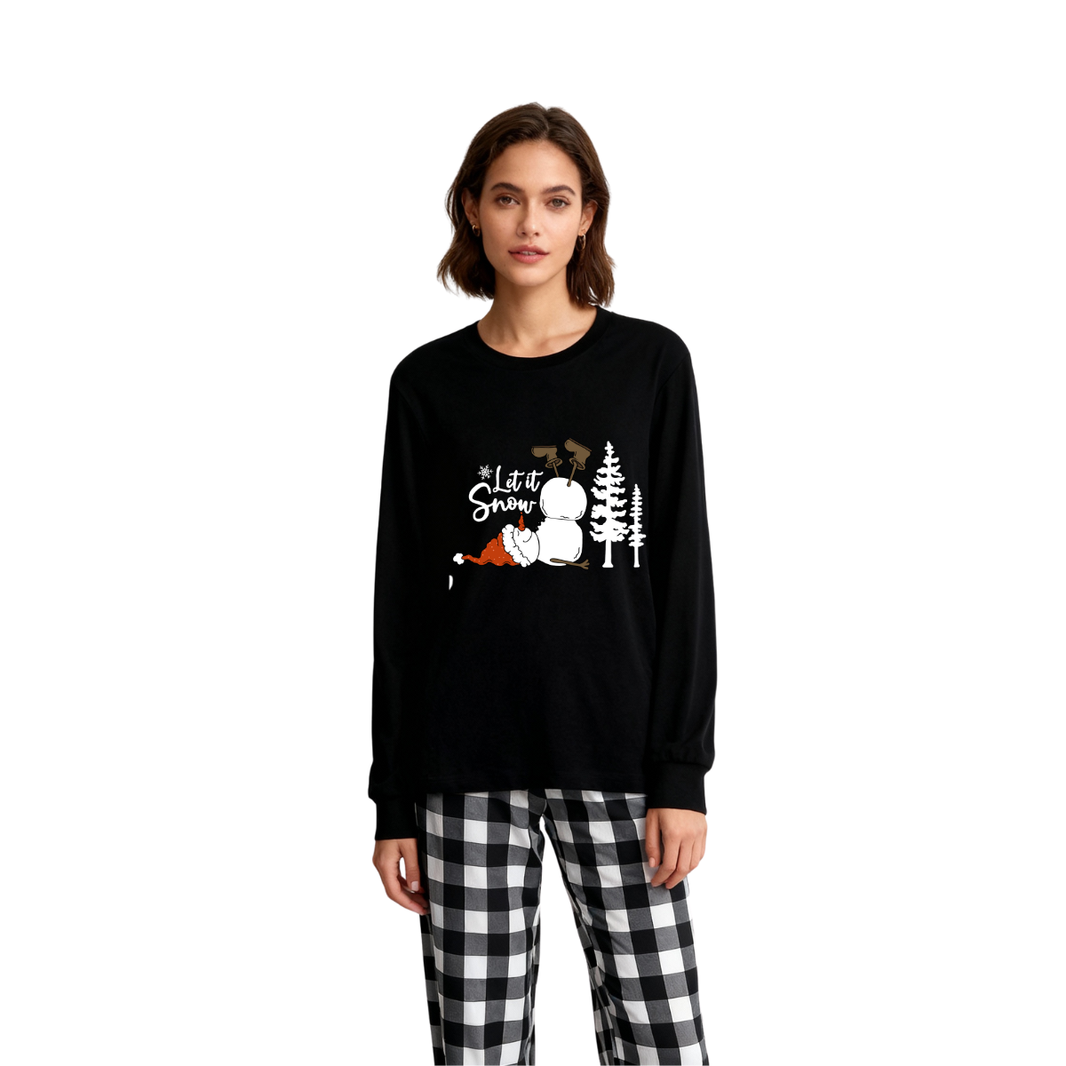 "Let it Snow" Text and Snowman Prints Black and White Plaid Family Matching Pajamas