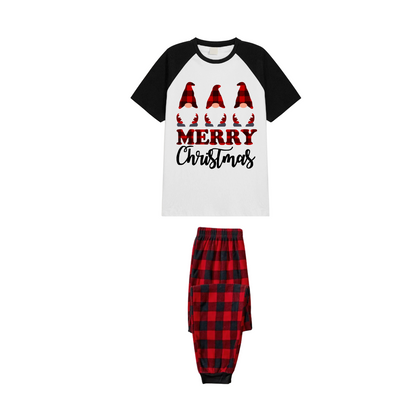 Merry Christmas Gnome Family Pajamas Set - White Top Black Sleeves Red Plaid Pants Red and Black Graphic