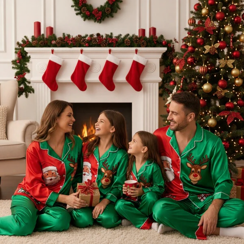 Holiday Family Santa Claus Button-Up Satin Christmas Pajamas Set