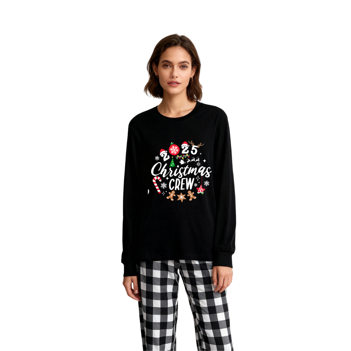 2025 Christmas Crew Making Memories Together Text Print Black Long Sleeve Top with Black And White Plaid Pants Family Matching Pajamas