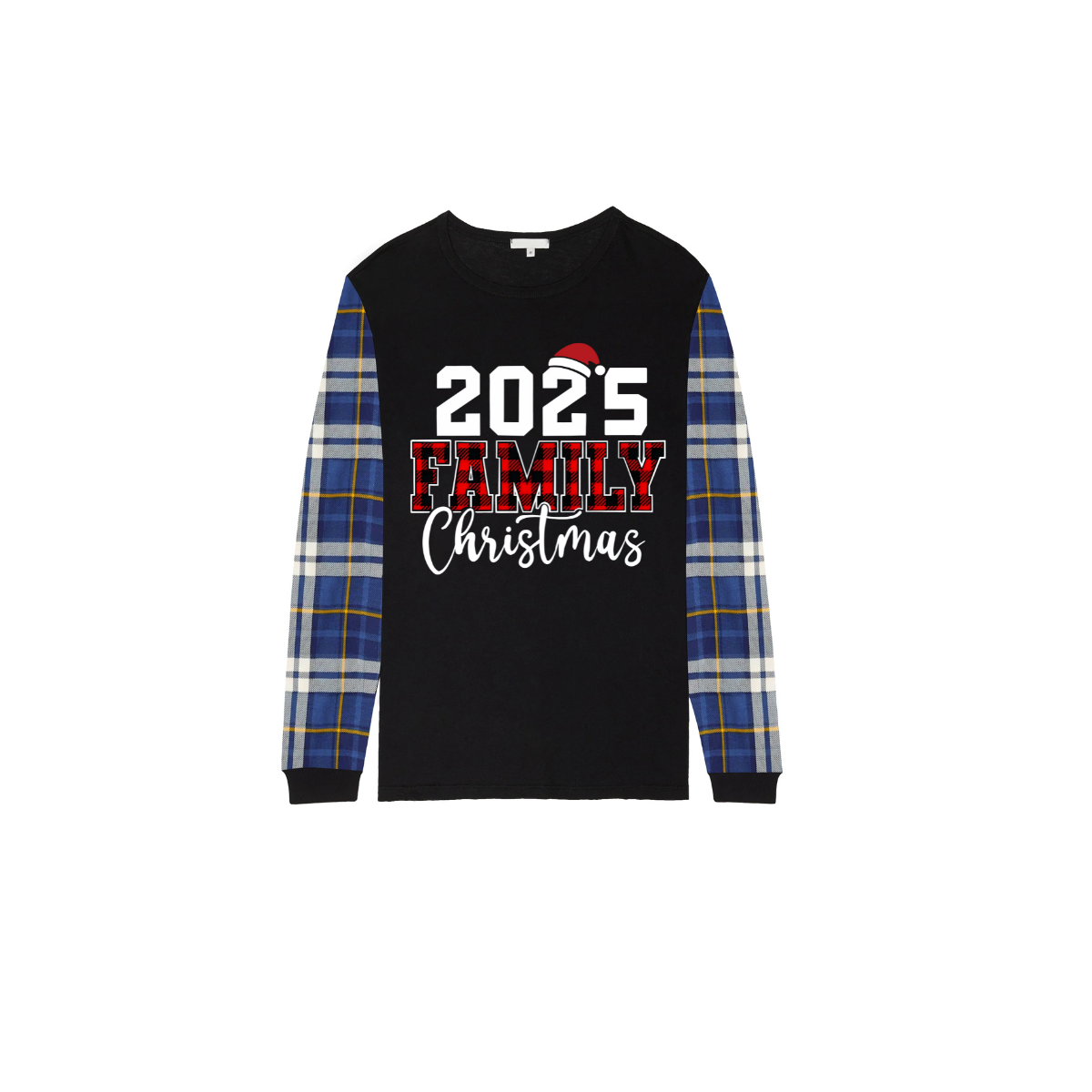 2025 Family Christmas Family Pajamas Set - Black Top, Blue Pants, Blue Buffalo Plaid Sleeves, Letter Print