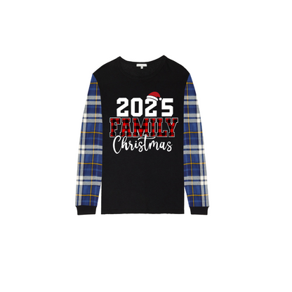 2025 Family Christmas Family Pajamas Set - Black Top, Blue Pants, Blue Buffalo Plaid Sleeves, Letter Print