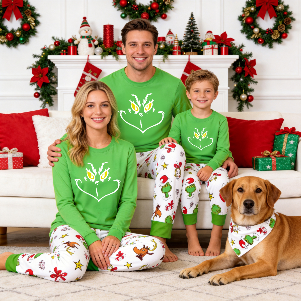 Grinch Evil Smile Face Family Christmas Pajamas Set with Green Top and Print Pants