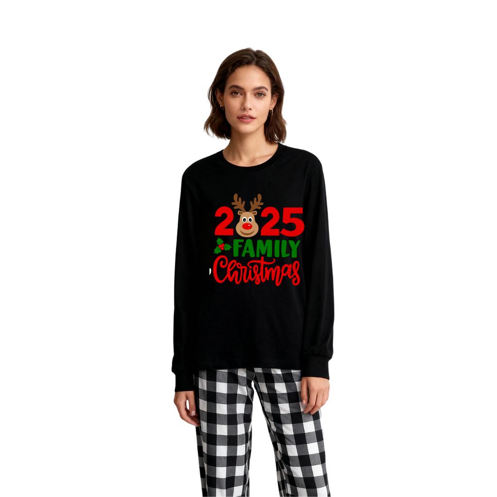 "2025 Family Christmas" Moose Letter Print Black Long Sleeve Top with Black And White Plaid Pants Family Matching Pajamas
