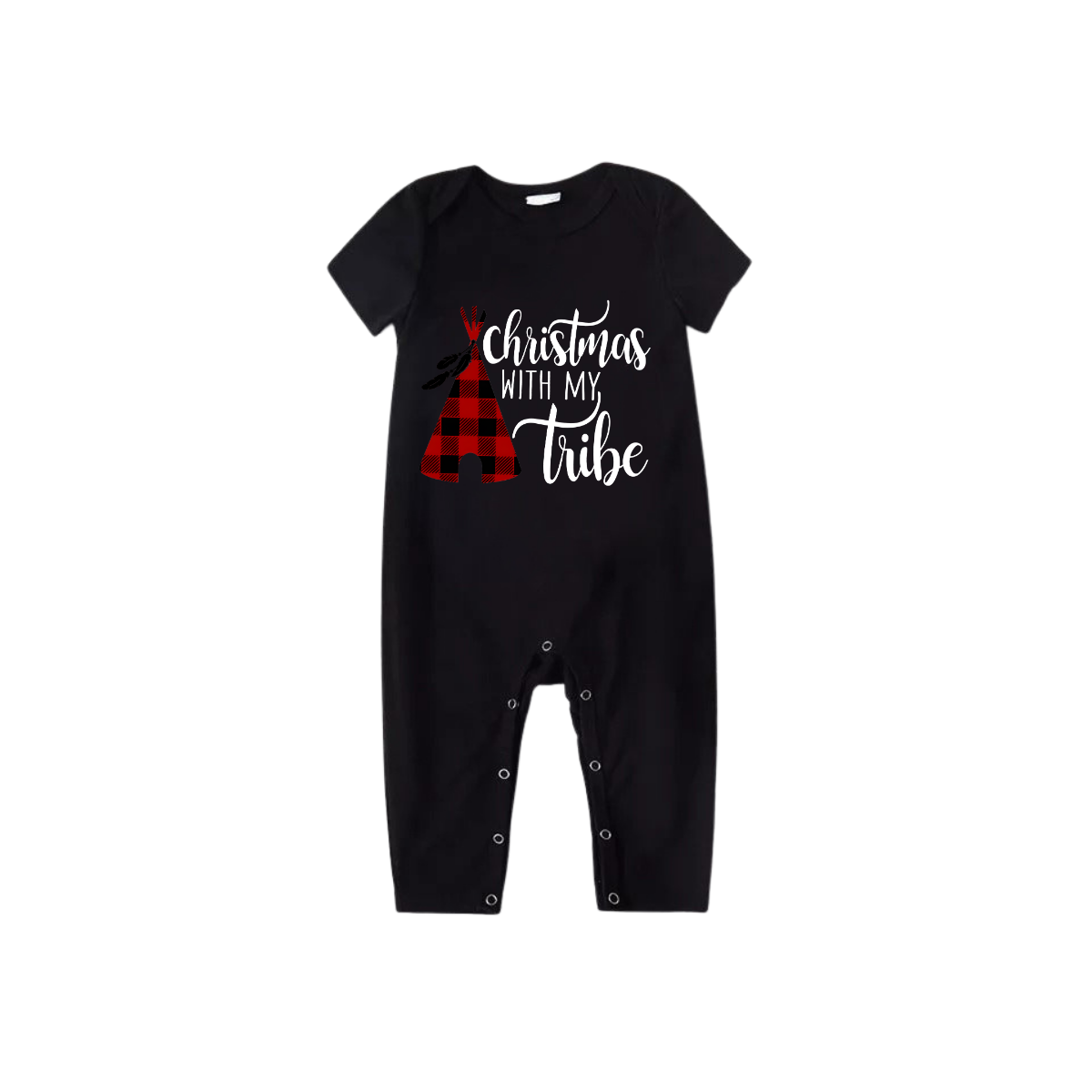 Christmas with My Tribe Family Pajamas Set - Black Top Red Pants Red Plaid Sleeves Teepee Print