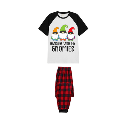 Hanging With My Gnomies Family Pajamas Set - White Top Black Sleeves Red Plaid Pants Colorful Gnomes Graphic