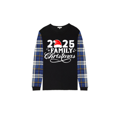 Christmas 2025 Family Matching Family Pajamas Set - Black Top, Blue Pants, Plaid Pattern
