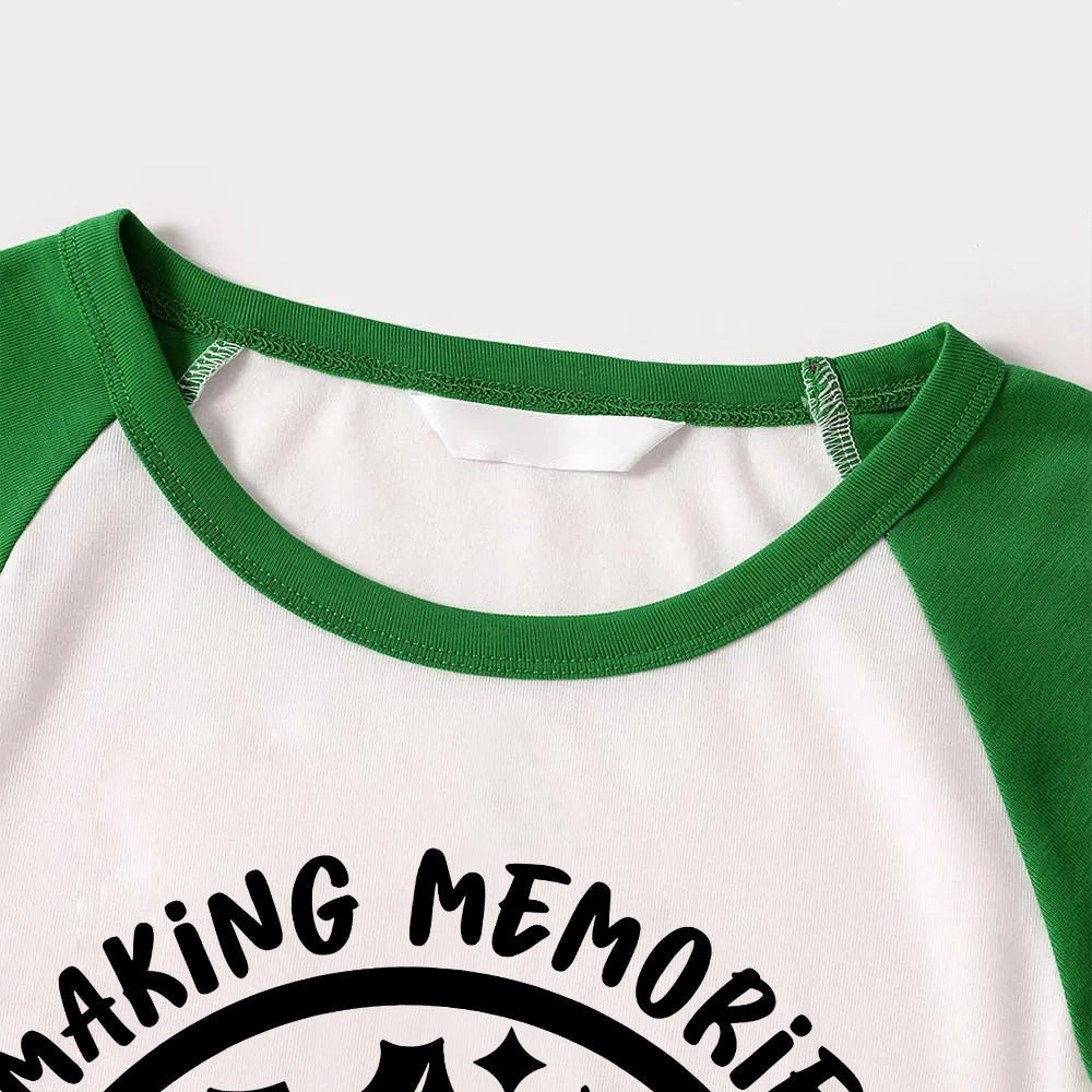 Christmas Make Memories Together 2026 Print Green Rotator Cuff Top With Green & Black Plaid Family Matching Pajamas With Dog
