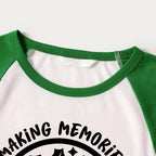 Christmas Make Memories Together 2026 Print Green Rotator Cuff Top With Green & Black Plaid Family Matching Pajamas With Dog