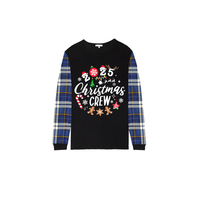 Christmas Crew 2025 Family Pajamas Set - Black Top, Blue Pants, Blue Plaid Sleeves, Gingerbread Candy Print