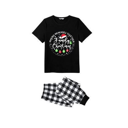 Making Memories Together Family Christmas 2025 Pajamas Set - Black Top Black and White Plaid Pants White Text Graphic