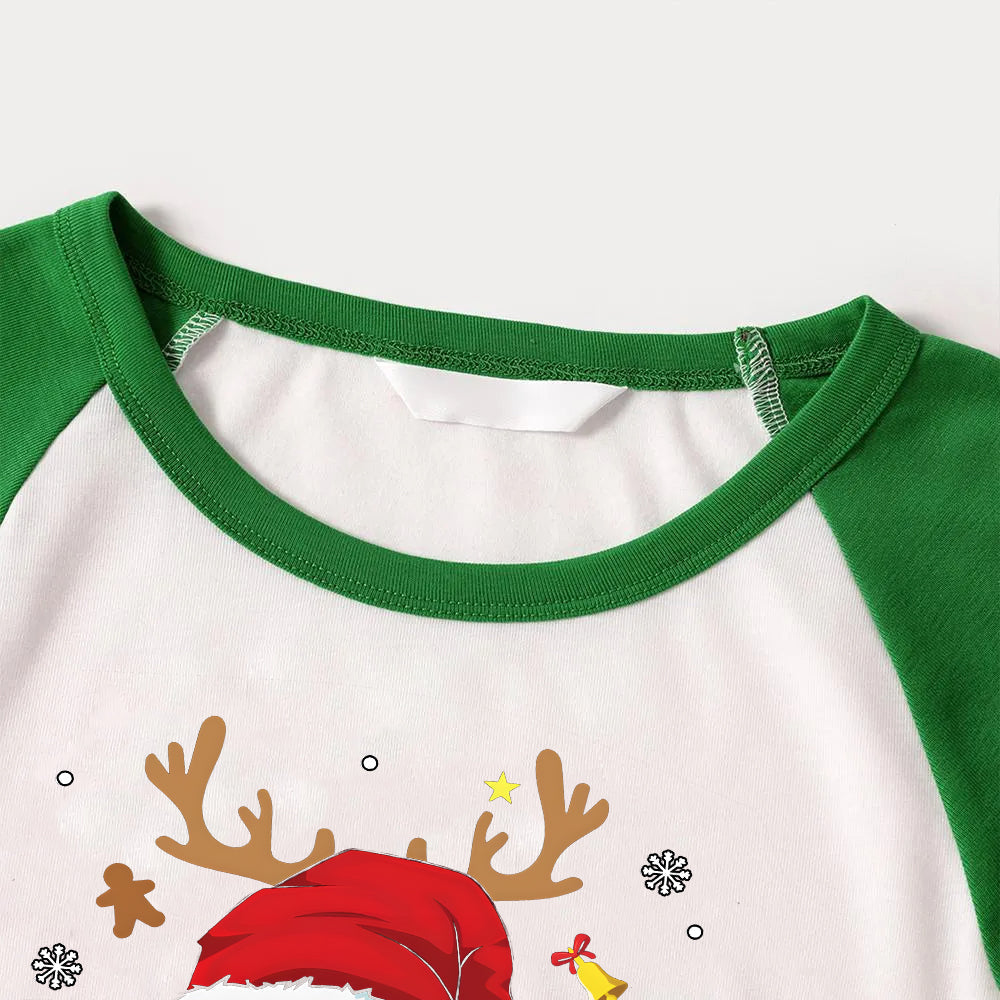 Family Christmas Shirts Santa Hat Christmas Deer Patterned and 'FAMILY CHRISTMAS 2024  ' Letter Print Contrast Tops and Black and Gren Plaid Pants  Family Matching Raglan Long-sleeve Pajamas Sets