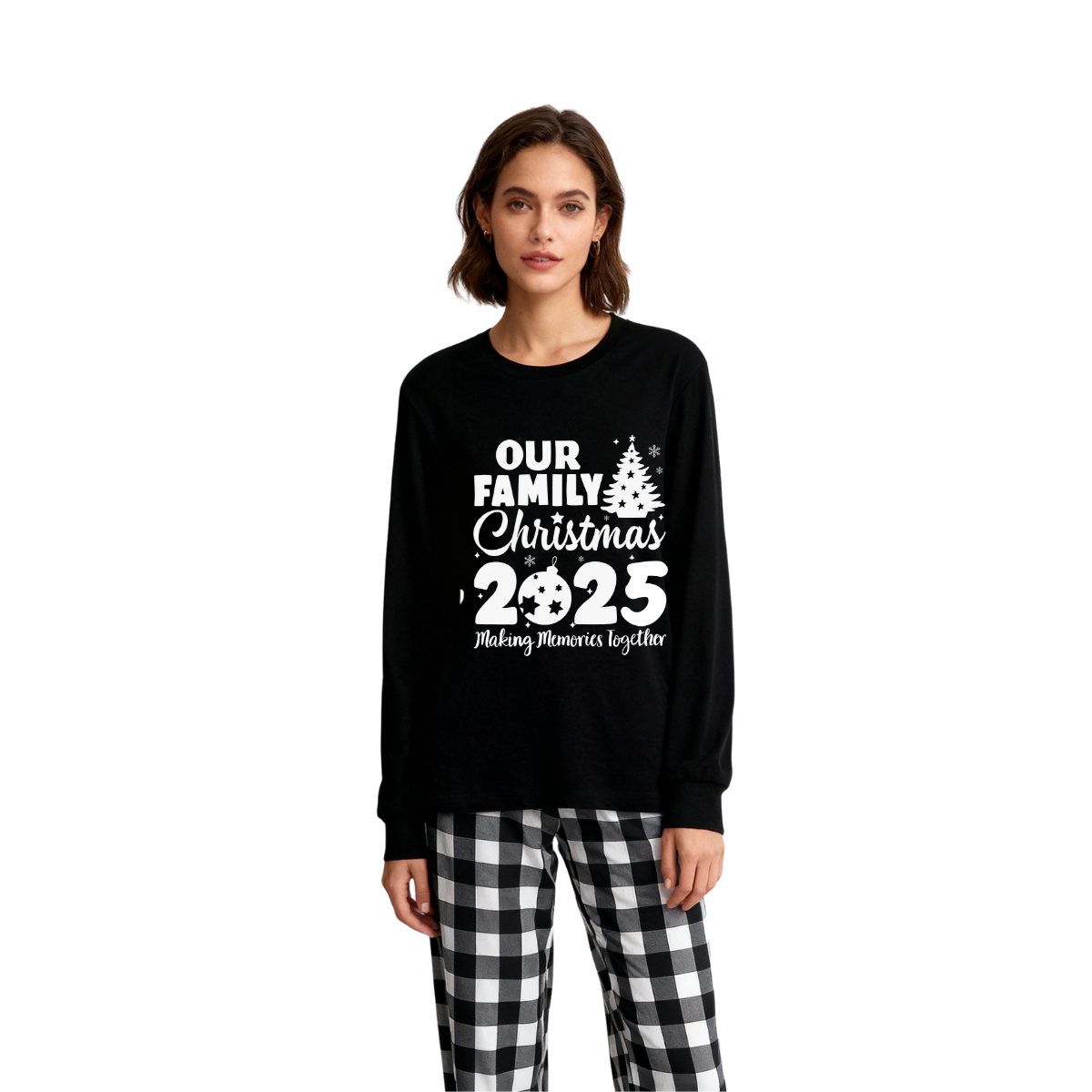 'Our Family Chirstmas 2025 Making Memories Together' Letter Print Black Long Sleeve Top with Black And White Plaid Pants Family Matching Pajamas