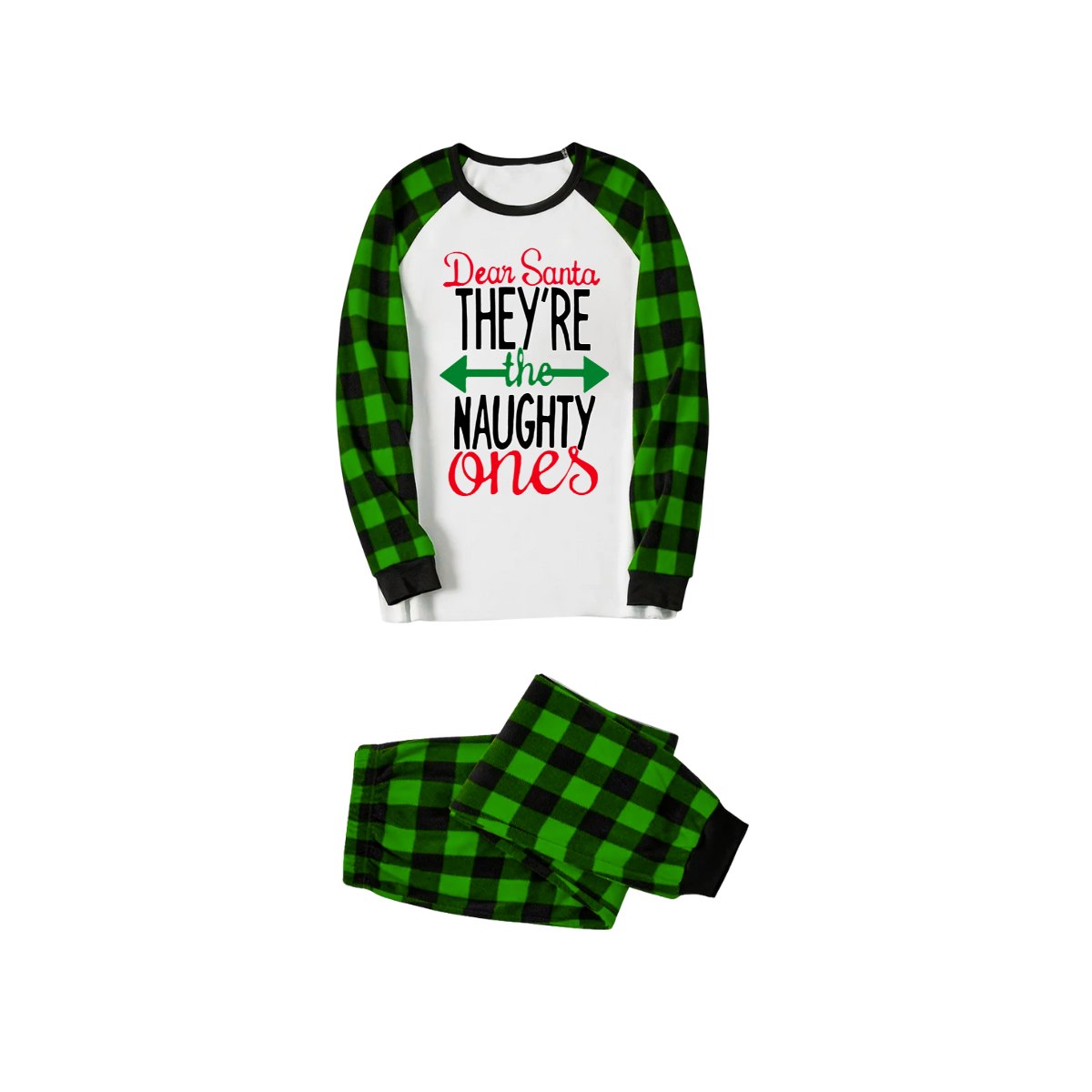 Dear Santa Naughty Ones Family Pajamas Set - White Top, Green Plaid Pants, Plaid Sleeves