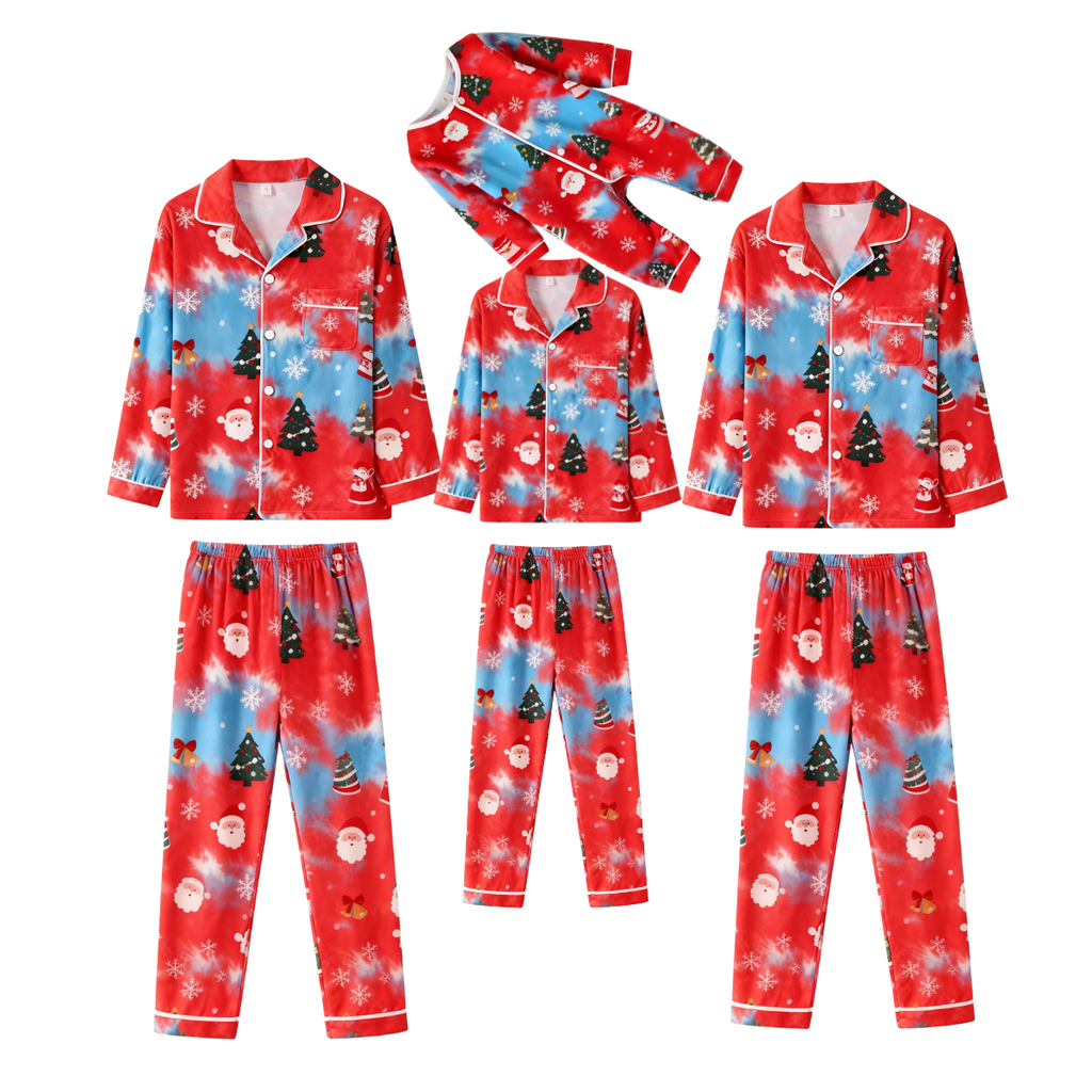 Holiday Family Button-Up Red Tie-dyed Christmas Pajamas Set