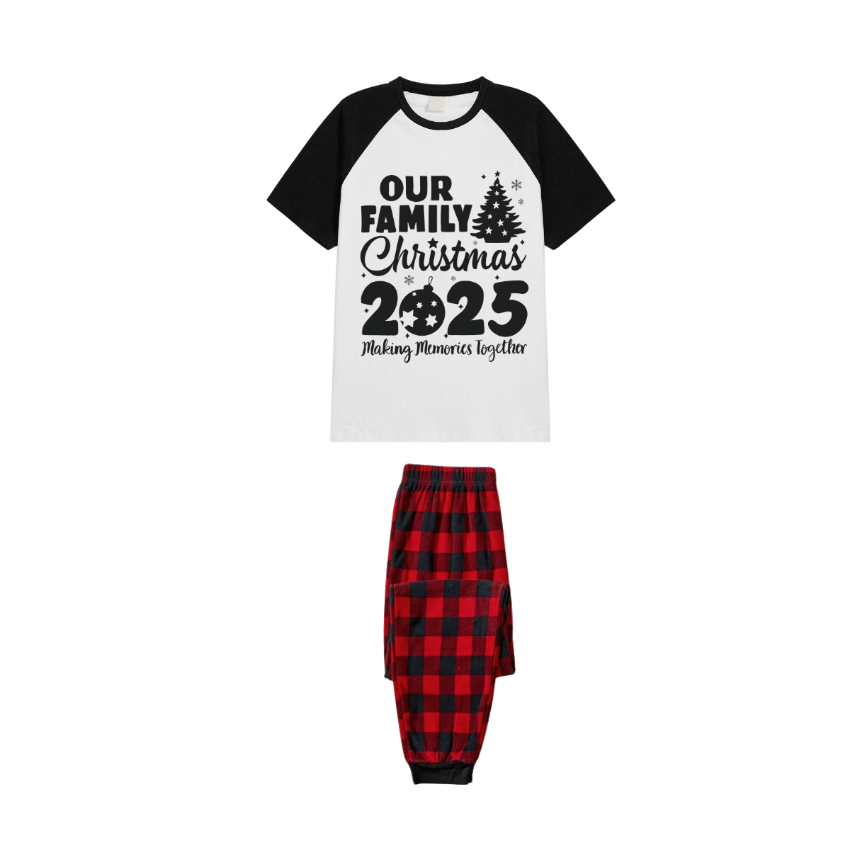 Our Family Christmas 2025 Family Pajamas Set - White Top, Red Plaid Pants, Black Sleeves, Christmas Tree and Ornaments Print