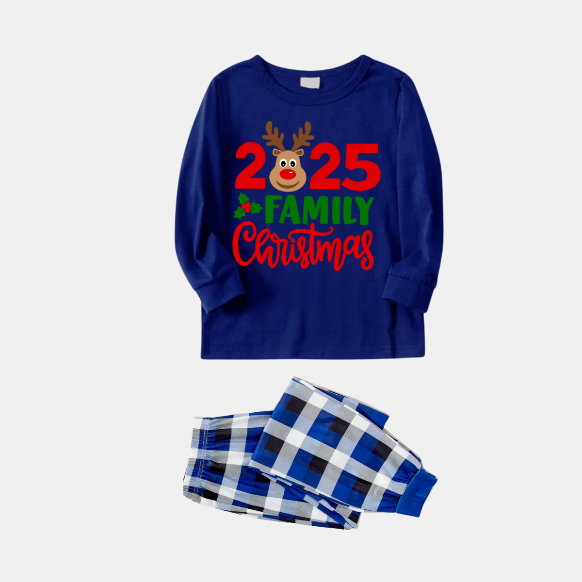 "Family Christmas 2025" Text and Deer Printed Blue and White Plaid Family Matching Pajamas