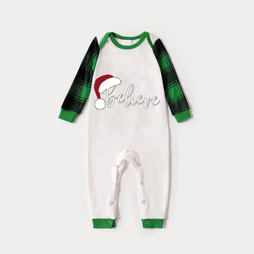 Christmas Hat and 'Believe“ Letter Print Patterned Green Sleeve Contrast Tops and Black and Green Plaid Pants Family Matching Raglan Long-sleeve Pajamas Sets With Dog Bandana