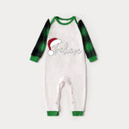 Christmas Hat and 'Believe“ Letter Print Patterned Green Sleeve Contrast Tops and Black and Green Plaid Pants Family Matching Raglan Long-sleeve Pajamas Sets With Dog Bandana